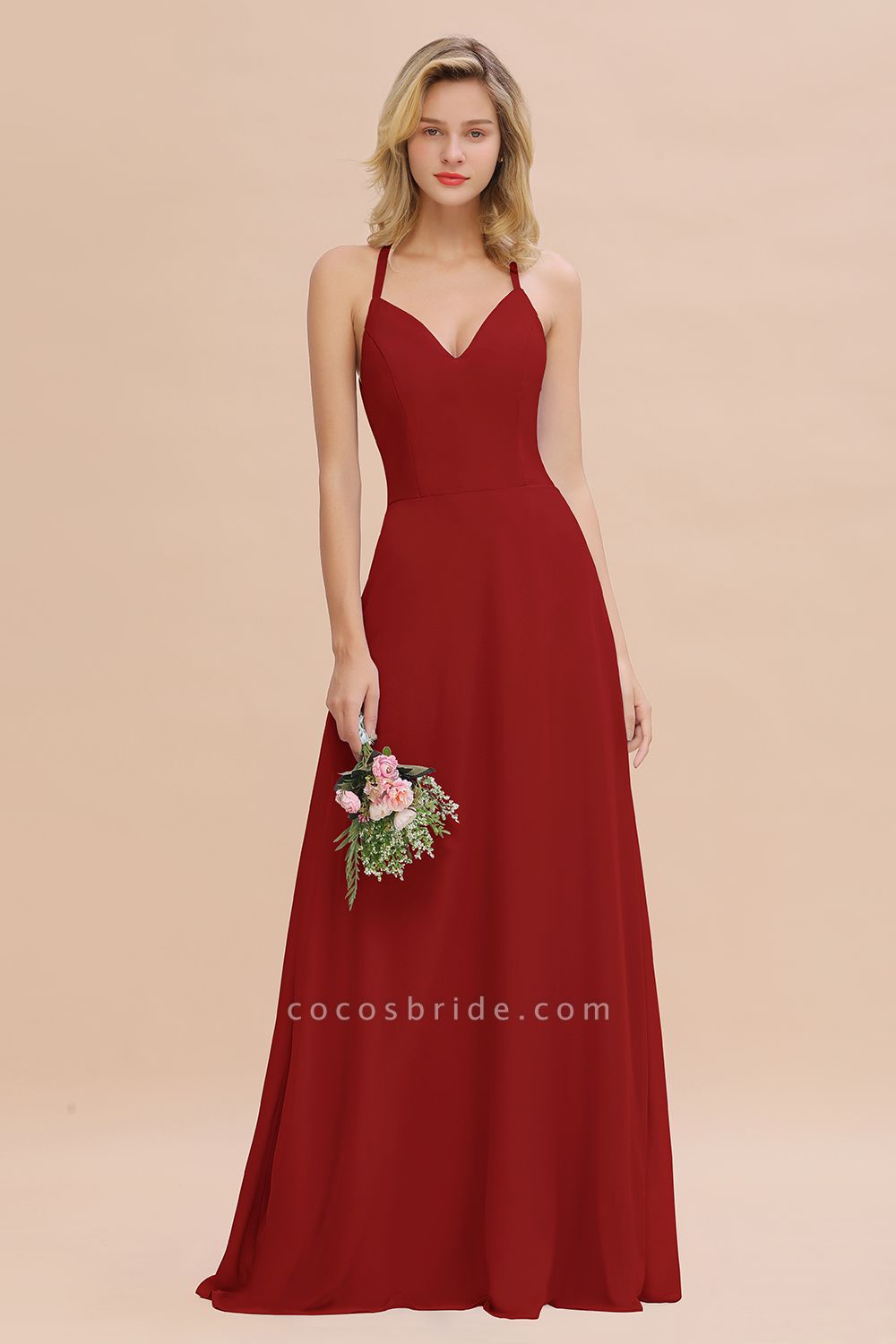 BM0779 Stylish Chiffon Spaghetti Straps Sleeveless Long Bridesmaid Dress