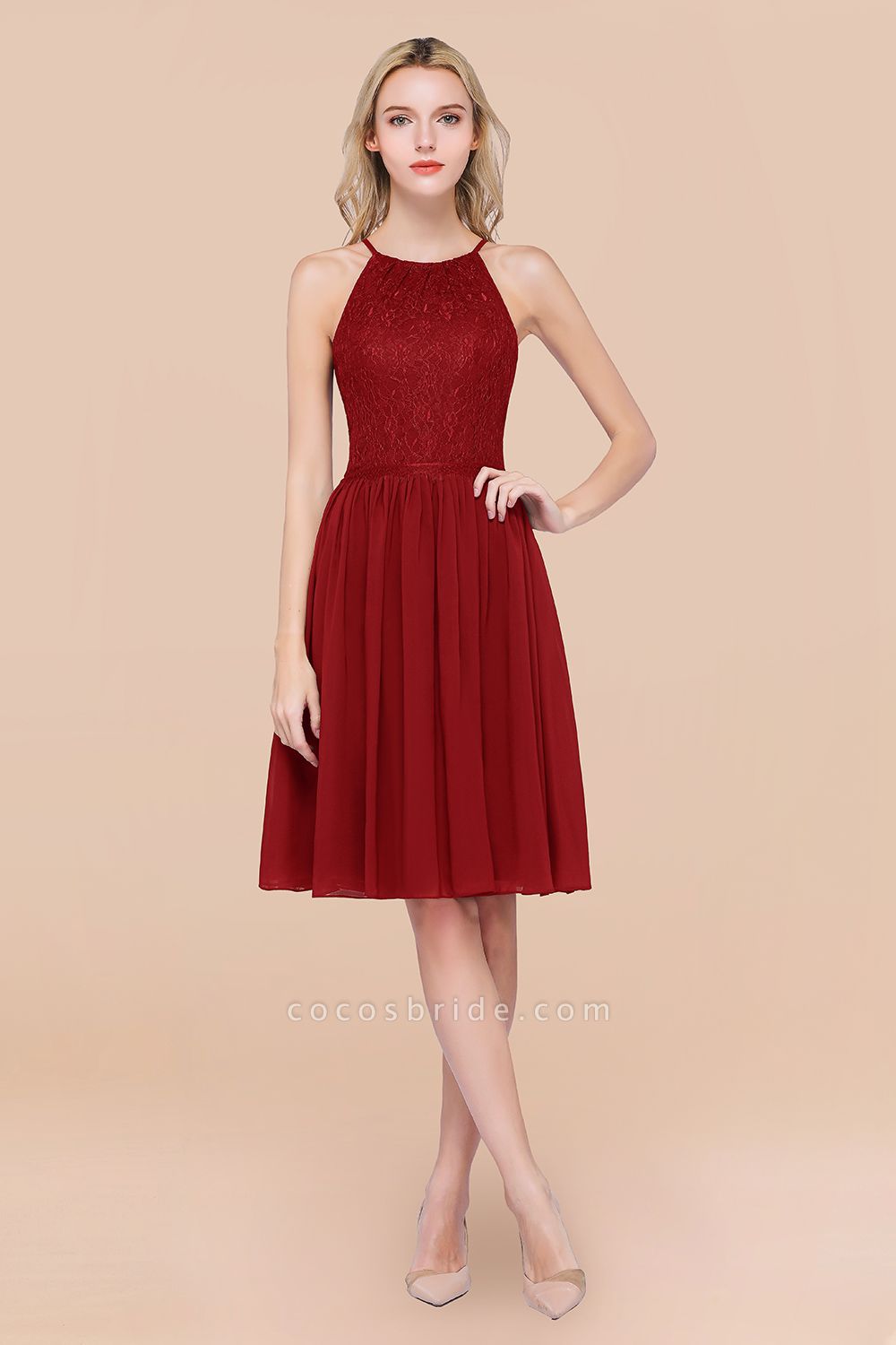 A-line Chiffon Lace Jewel Sleeveless Knee-Length Bridesmaid Dresses with Ruffles