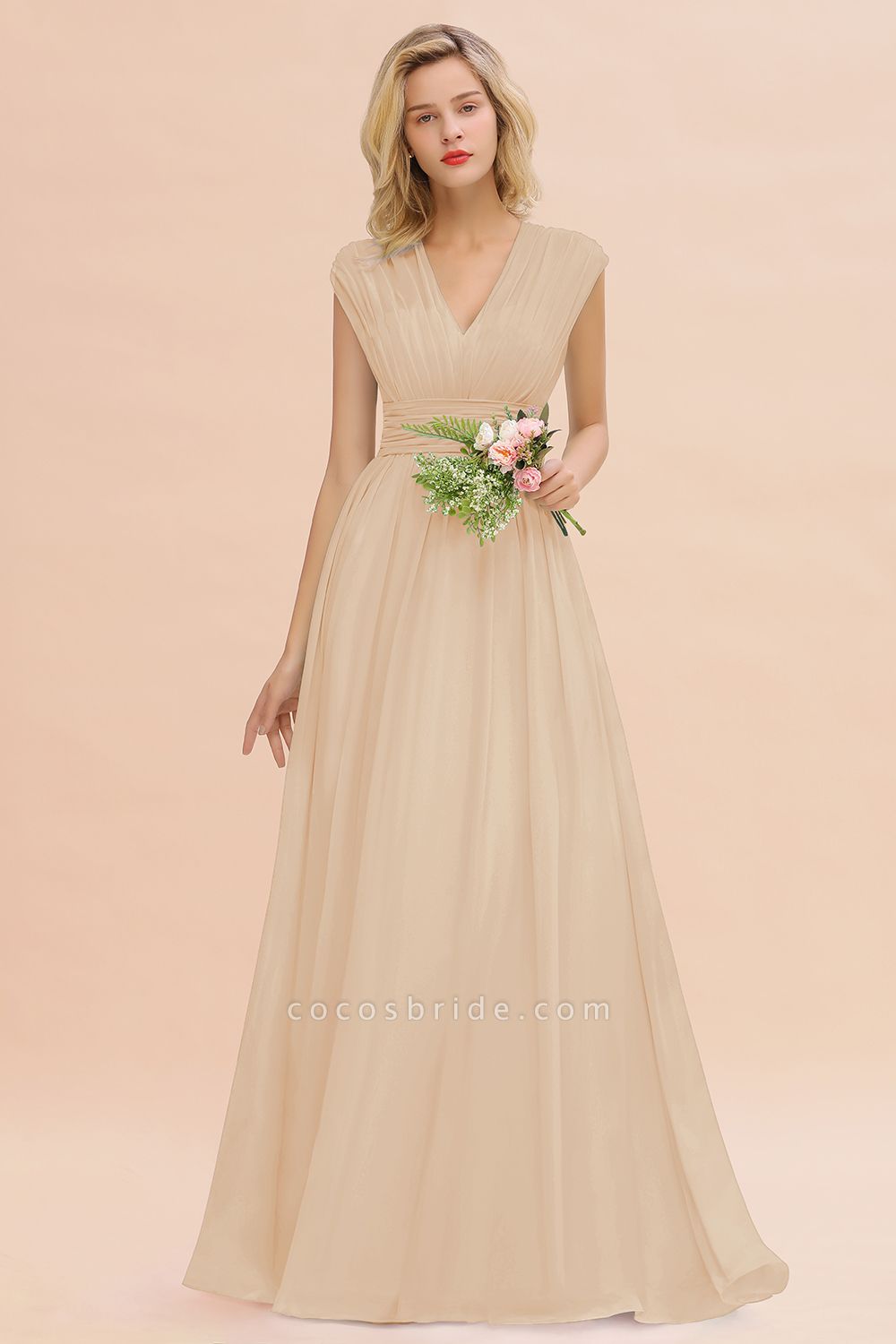 BM0774 Chiffon-V-Ausschnitt, ärmelloses, elegantes A-Linien-Brautjungfernkleid mit Rüschen
