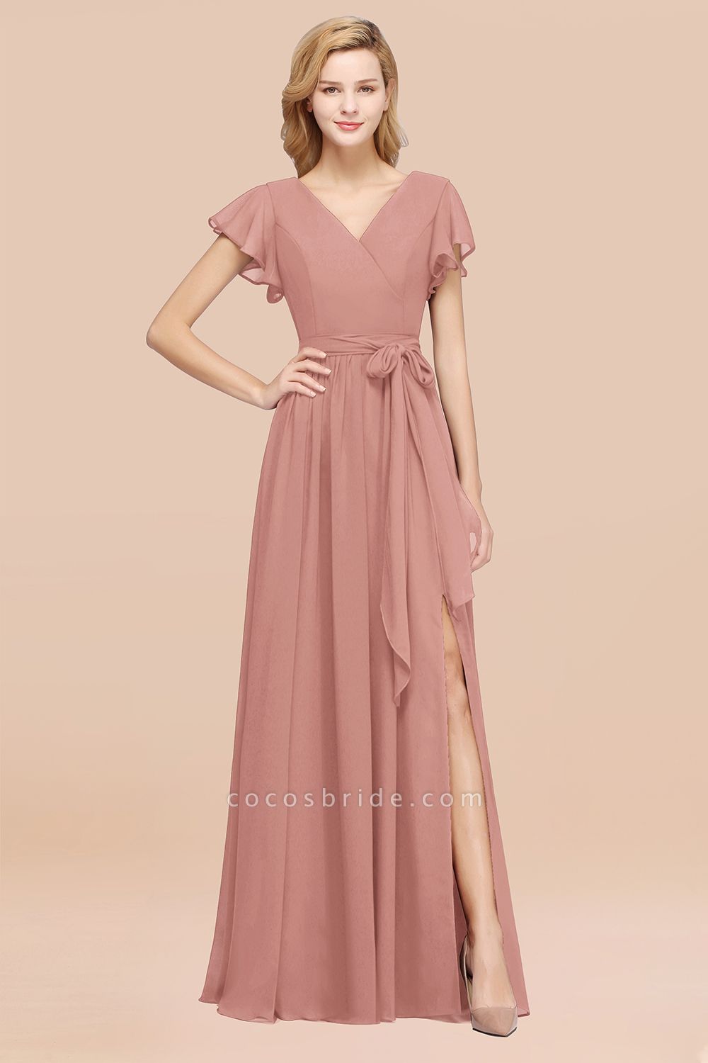 elegant A-line Chiffon V-Neck Short-Sleeves Floor-Length Bridesmaid Dresses with Bow Sash