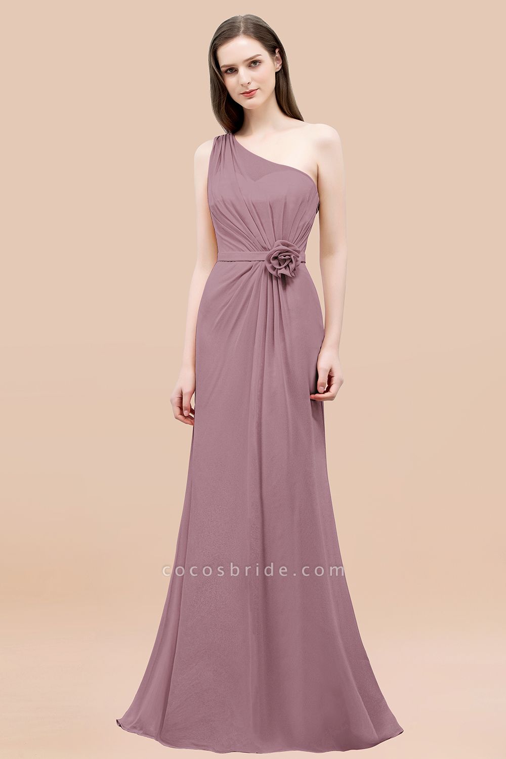 Mermaid Chiffon One-shoulder Sleeveless Ruffled Floor-Length Bridesmaid Dresses with Flower