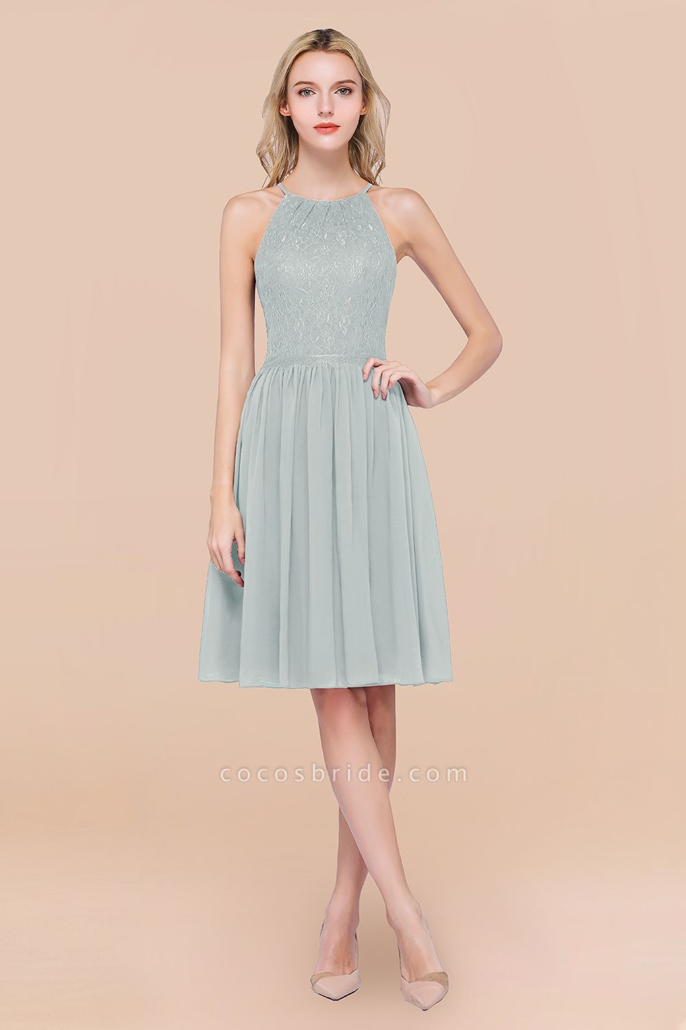 A-line Chiffon Lace Jewel Sleeveless Knee-Length Bridesmaid Dresses with Ruffles