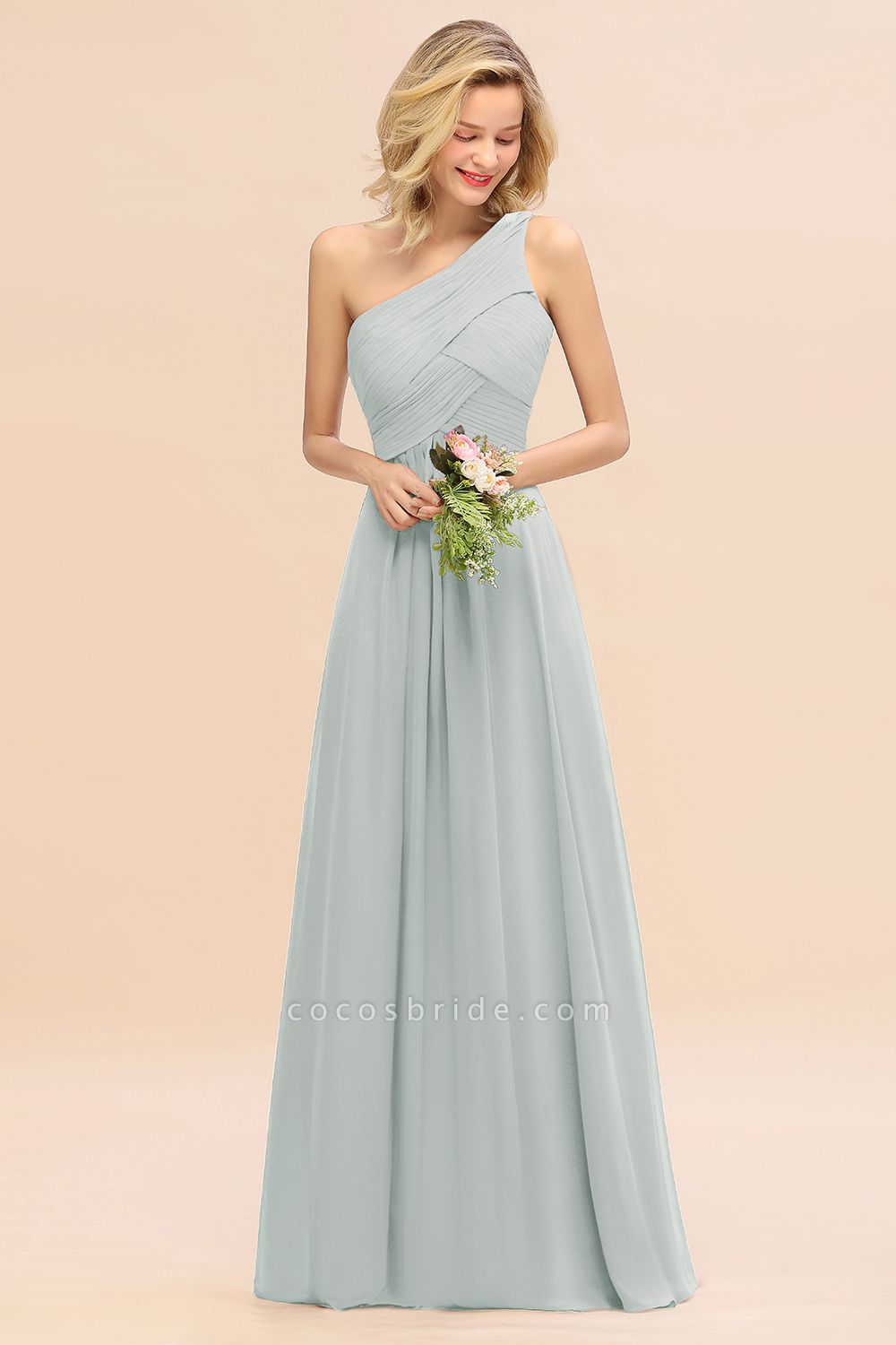 BM0756 Elegantes langes Brautjungfernkleid mit Rüschen und einer Schulter