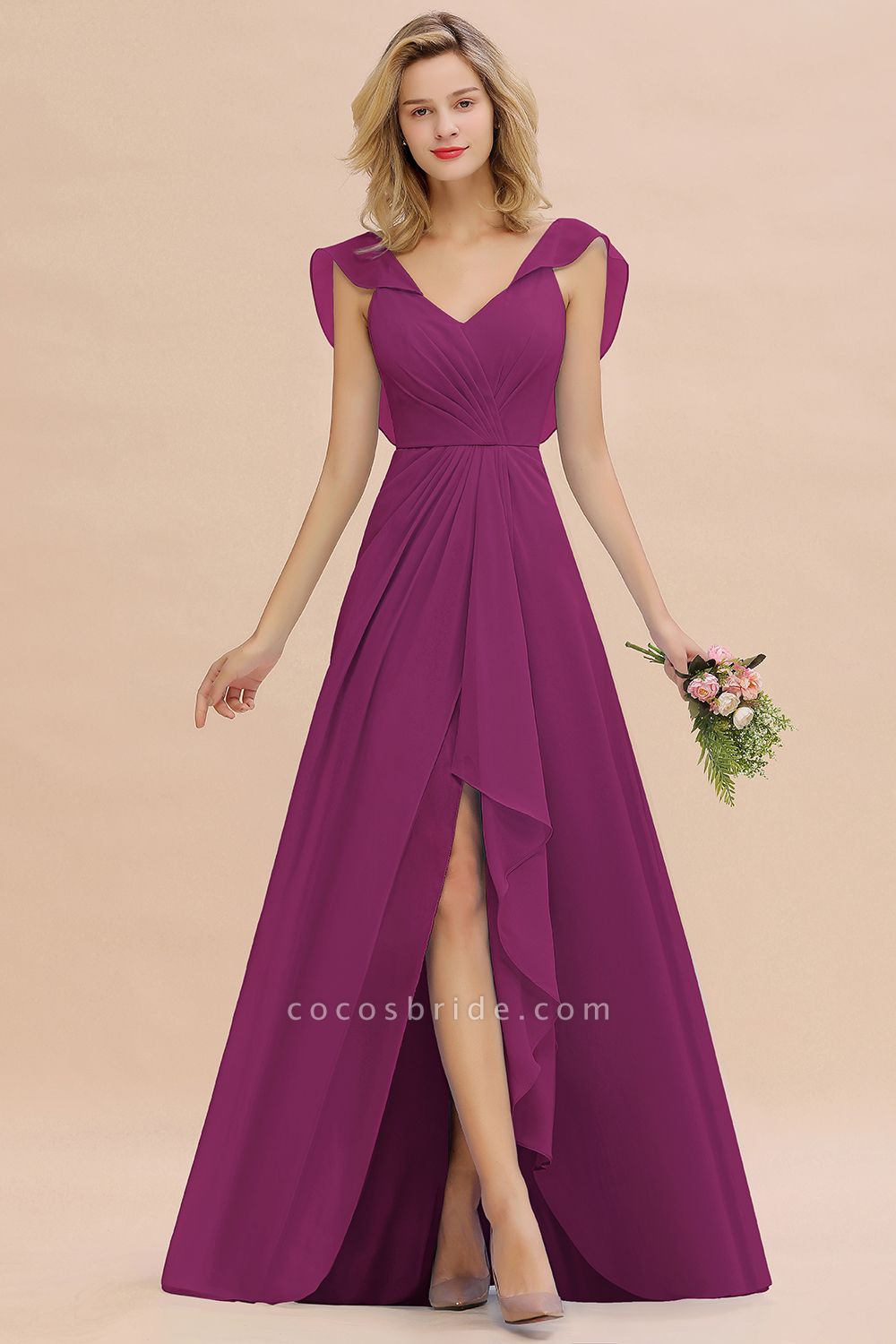 BM0777 Simple Hi-Lo V-Neck Ruffles Long Bridesmaid Dress