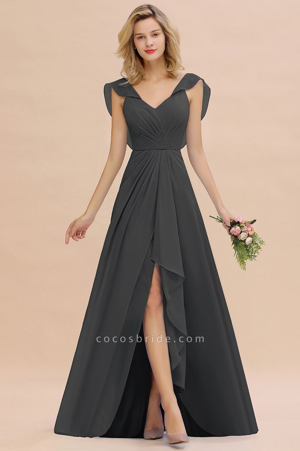 BM0777 Simple Hi-Lo V-Neck Ruffles Long Bridesmaid Dress