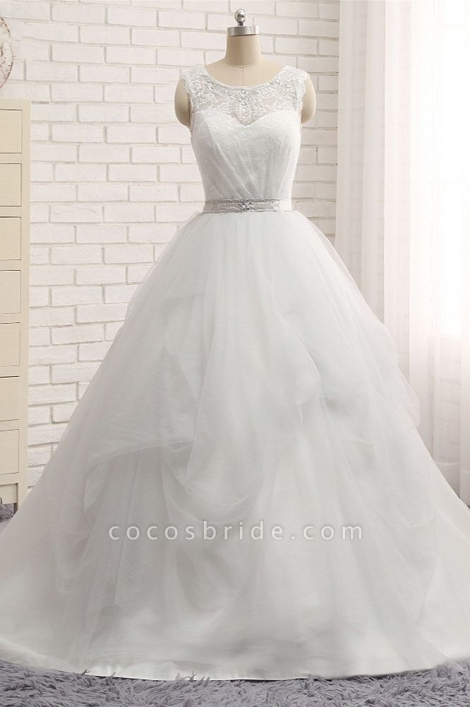 Affordable Long Princess Jewel Tulle Lace Wedding Dress