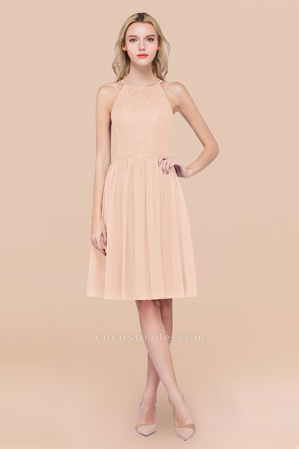A-line Chiffon Lace Jewel Sleeveless Knee-Length Bridesmaid Dresses with Ruffles