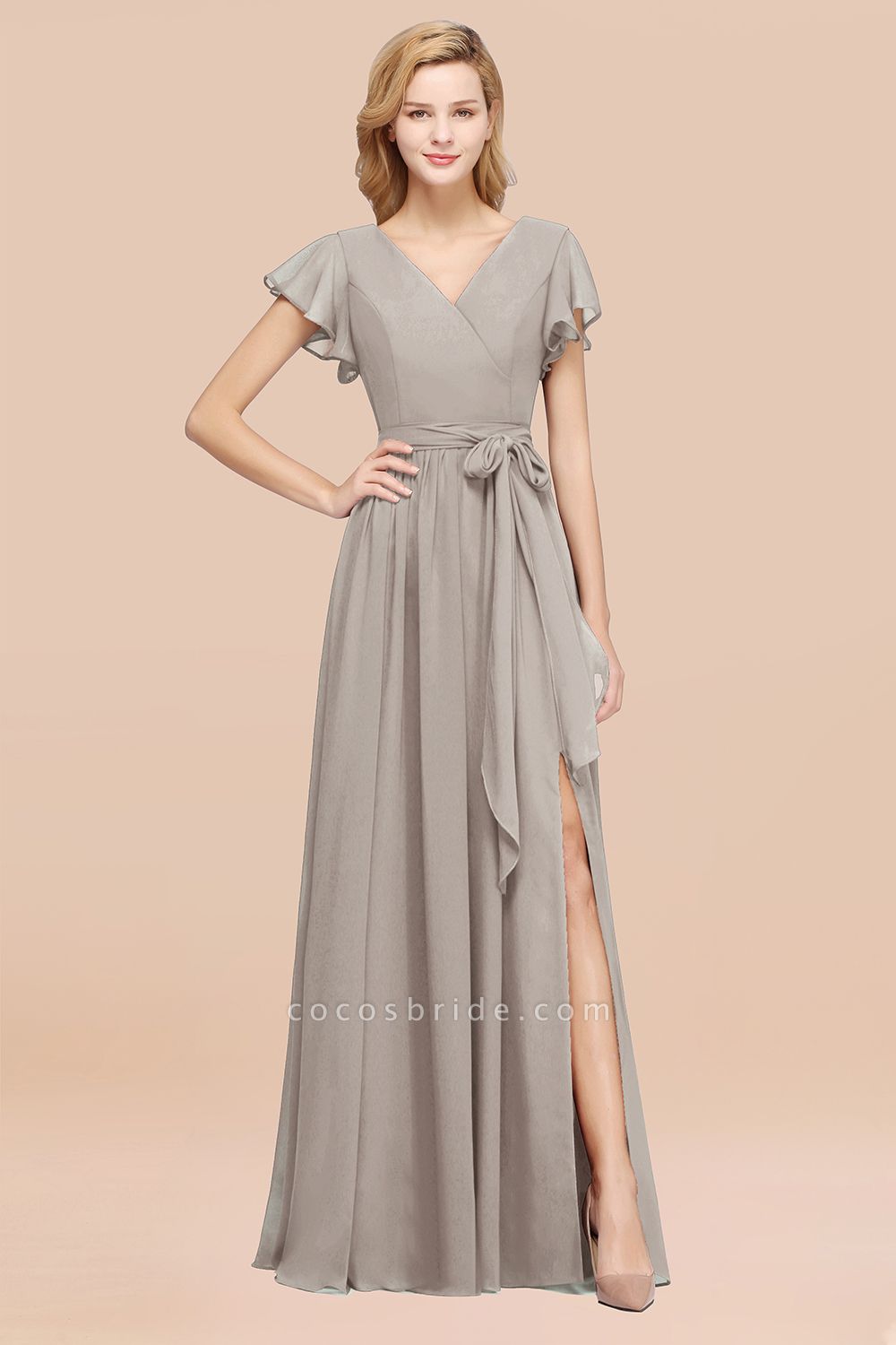 elegante A-Linie Chiffon mit V-Ausschnitt, kurzen Ärmeln, bodenlangen Brautjungfernkleider mit Schleife