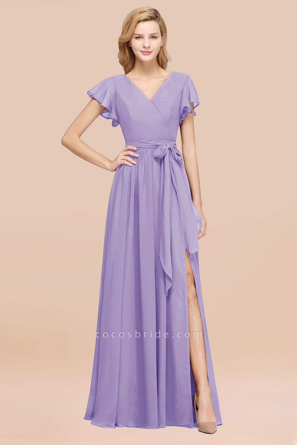 elegant A-line Chiffon V-Neck Short-Sleeves Floor-Length Bridesmaid Dresses with Bow Sash