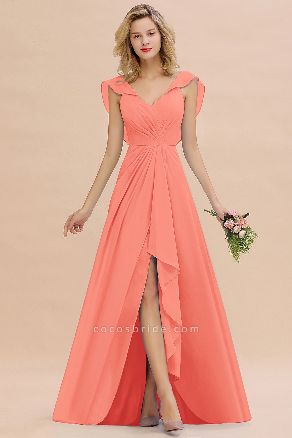 BM0777 Simple Hi-Lo V-Neck Ruffles Long Bridesmaid Dress