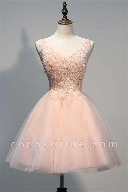 Short Pink A Line Tulle Prom Dresses With Lace Appliques