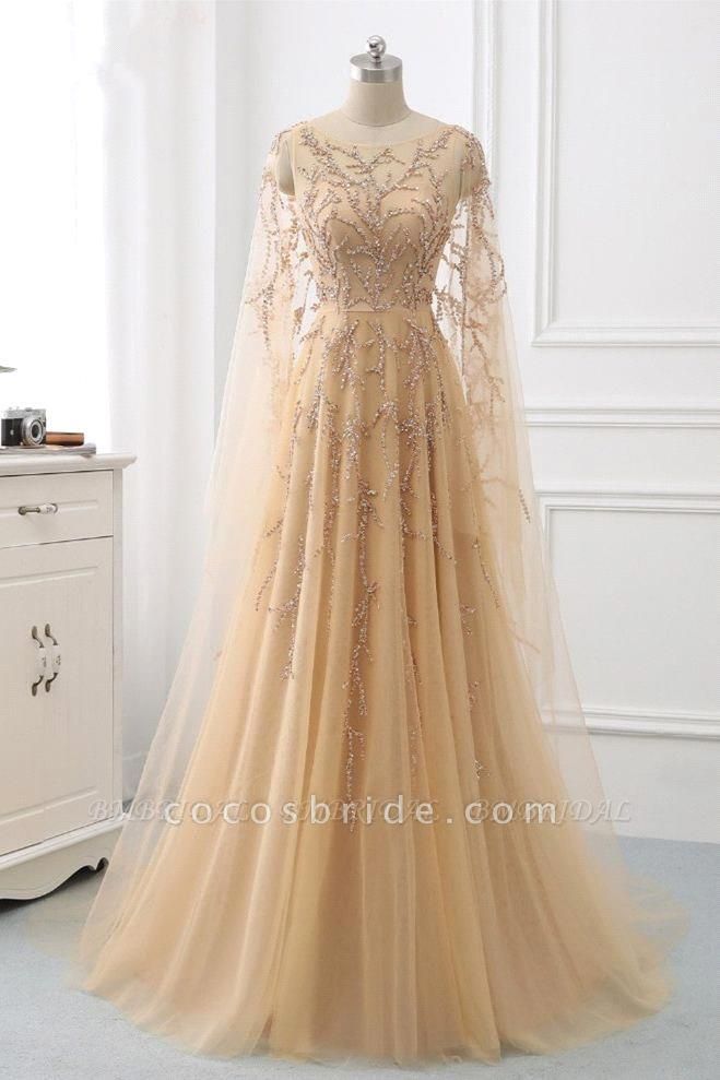 Romantic Bateau Long Sleeves Backless A-Line Tulle Beading Prom Dress