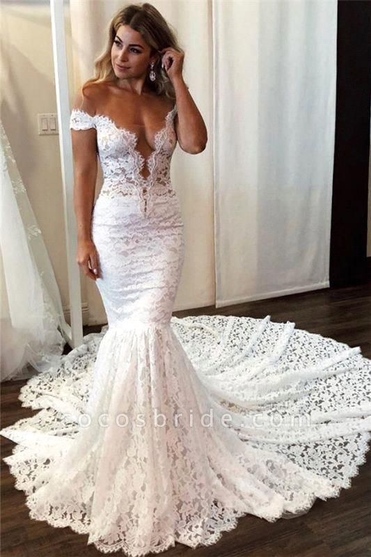 Romantic Off the Shoulder Appliques Lace Floor-length Mermaid Wedding Dress