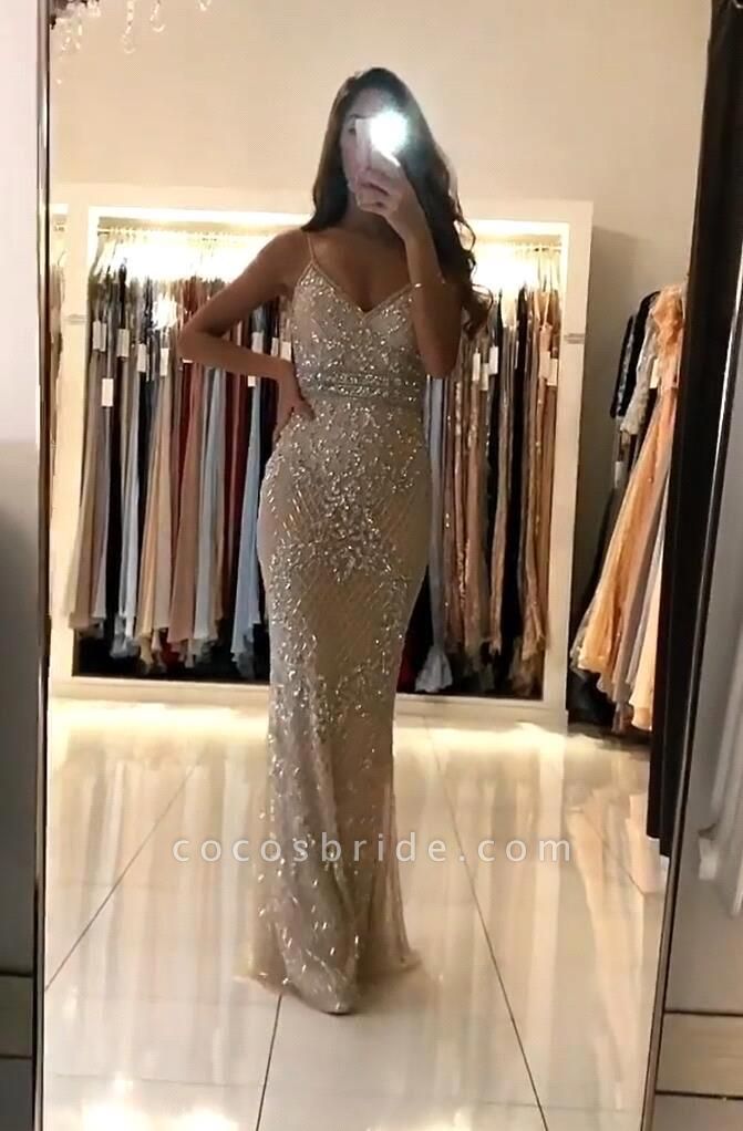 Shiny Spaghetti Straps V-neck Mermaid Sequins Floor-length Prom Dress