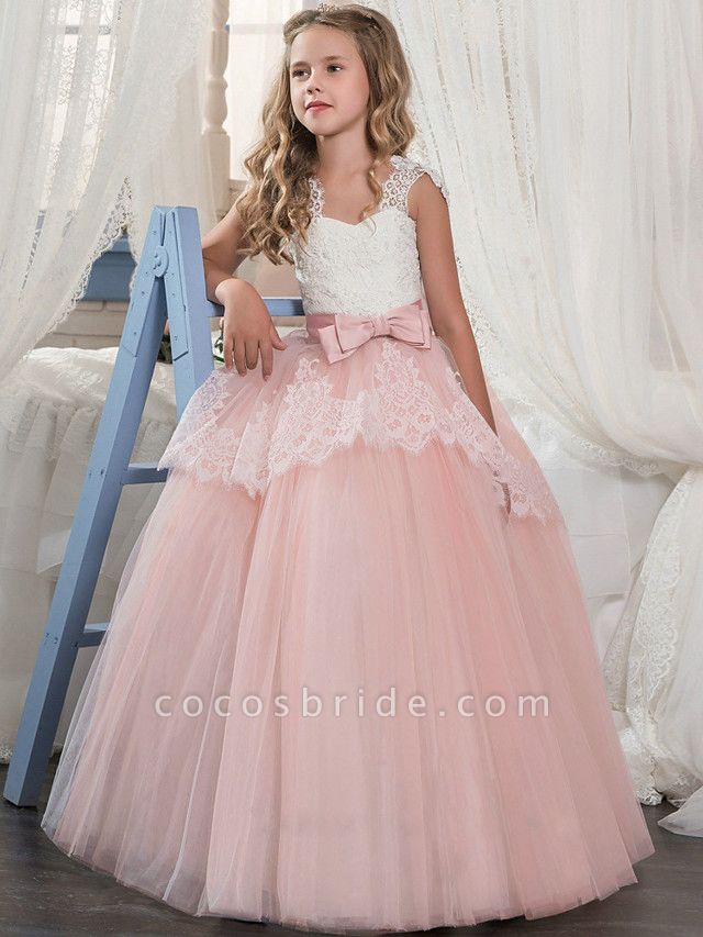 Princess Floor Length Wedding / Party / Pageant Flower Girl Dresses - Lace / Tulle / Mikado Sleeveless Square Neck With Bow(S) / Splicing