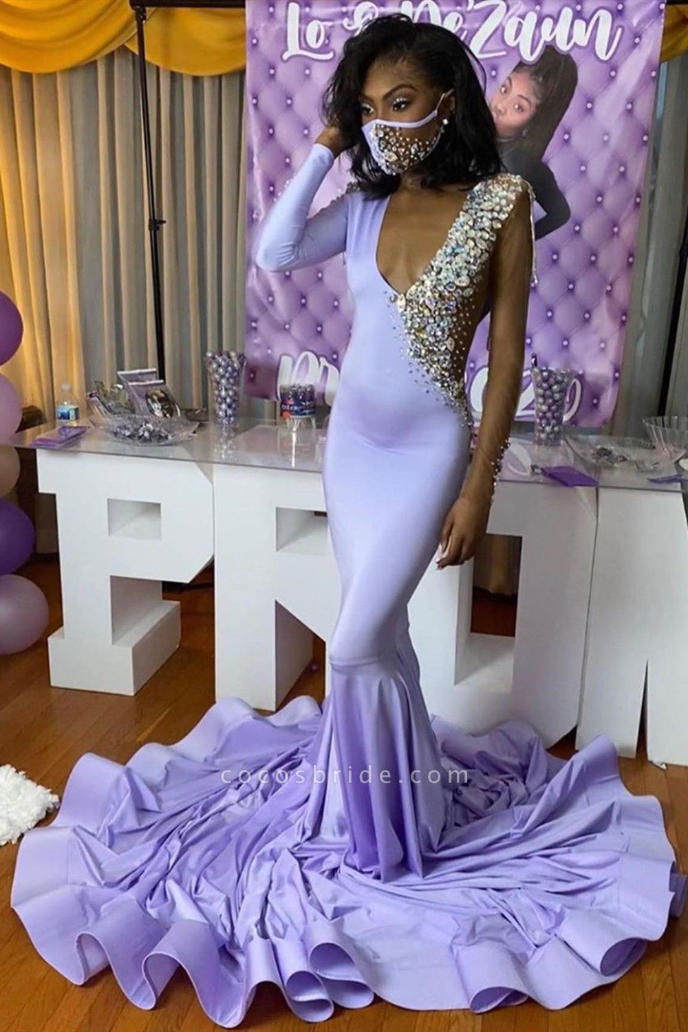 Fascinating Long Sleeve Deep V-neck Mermaid Prom Dress With Crystal Embellishment