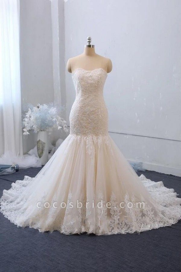 Classy Sweetheart Backless Appliques Lace Tulle Long Mermaid Wedding Dress