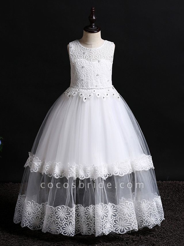 Princess Floor Length Wedding / Birthday Lace / Tulle / Polyester Sleeveless Jewel Neck With Lace / Bow(S) / Pearls