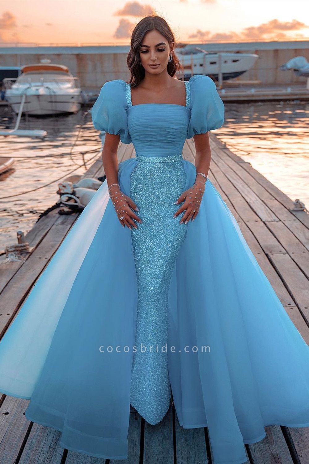 Gorgeous Puffy Sleeves Sequins Mermaid Prom Dress With Detachable Tulle Train
