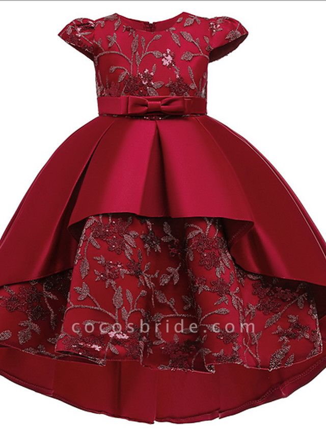 Duchesse-Kleid, knöchellang, Festzug-Blumenmädchenkleider – Polyester mit kurzen Ärmeln, Schmuckausschnitt und Applikationen