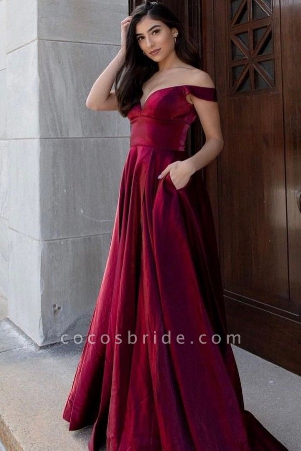 Sexy A-line V-neck Off-the-shoulder Backless Floor-length Ruffles Velvet Prom Dress With Pockets