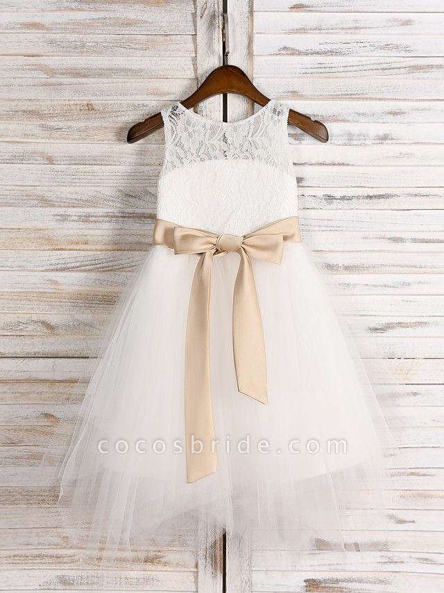 A-Line Tea Length Wedding / First Communion Flower Girl Dresses - Lace / Satin / Tulle Sleeveless Jewel Neck With Belt