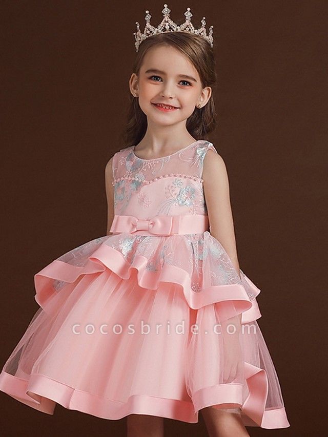 Princess / Ball Gown Knee Length Wedding / Party Flower Girl Dresses - Tulle Sleeveless Jewel Neck With Bow(S) / Tier / Embroidery