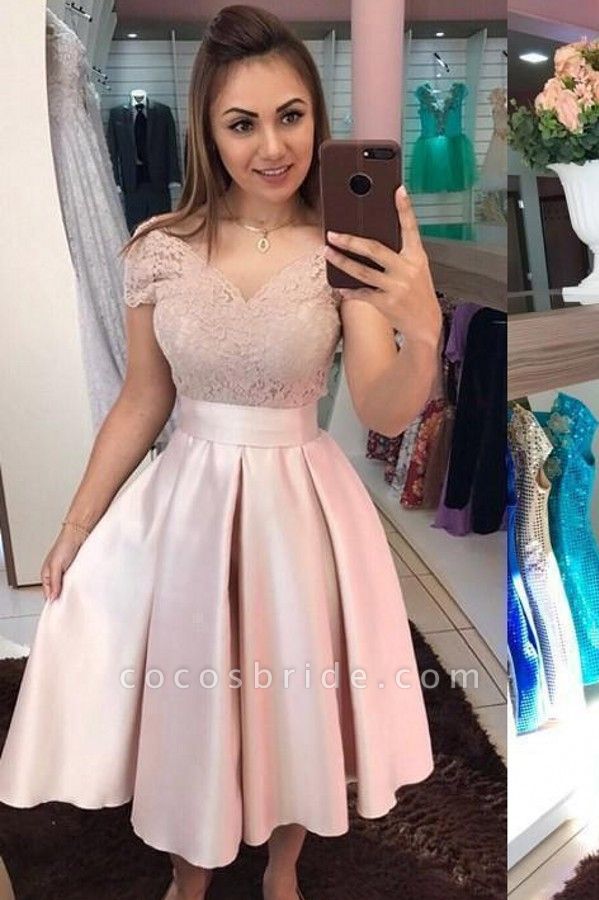 Beautiful A-Line V-neck Off-the-Shoulder Appliques Lace Tea-length Satin Prom Dress WIth Bowknot