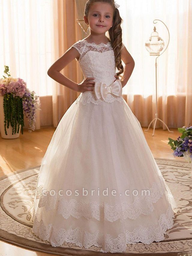 Ball Gown Maxi Wedding / Birthday / Pageant Flower Girl Dresses - Chiffon / Tulle / Cotton Cap Sleeve Jewel Neck With Lace / Sash / Ribbon / Solid