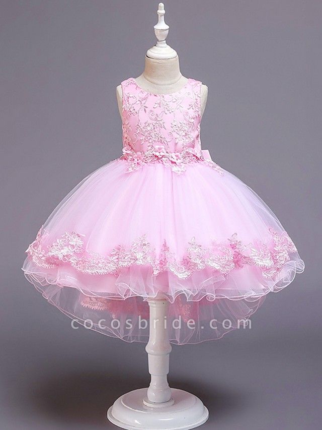 Princess / Ball Gown Knee Length Wedding / Party Flower Girl Dresses - Tulle Sleeveless Jewel Neck With Bow(S) / Appliques