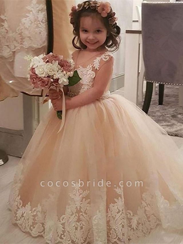 Princess / Ball Gown Sweep / Brush Train Wedding / Party Flower Girl Dresses - Lace / Tulle Long Sleeve V Neck With Pleats / Appliques