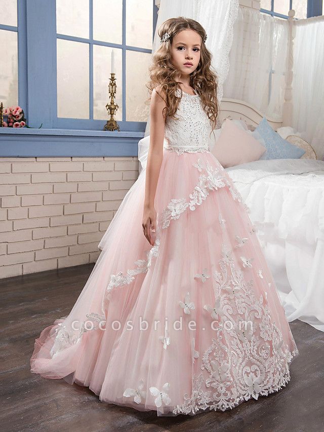 Princess Pageant Lace Tulle Sleeveless Jewel Neck Flower Girl Dresses