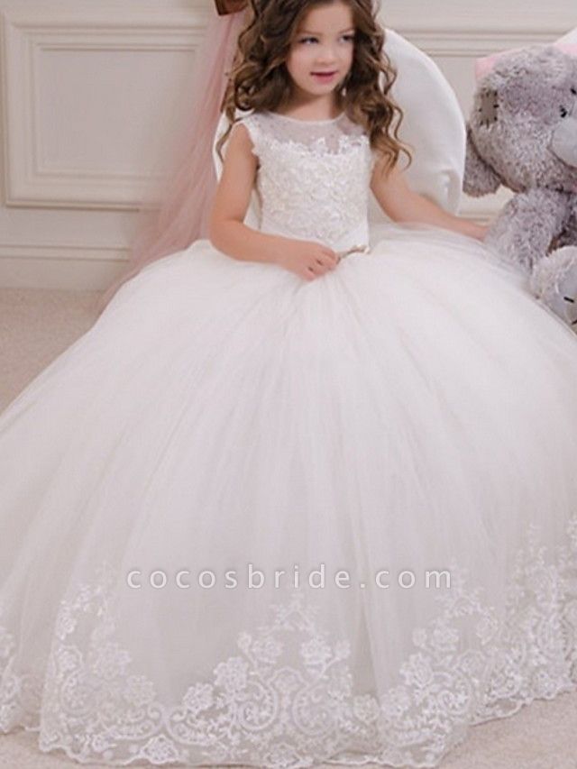 Ball Gown Floor Length Event / Party / Birthday Flower Girl Dresses - Polyester Sleeveless Jewel Neck With Appliques