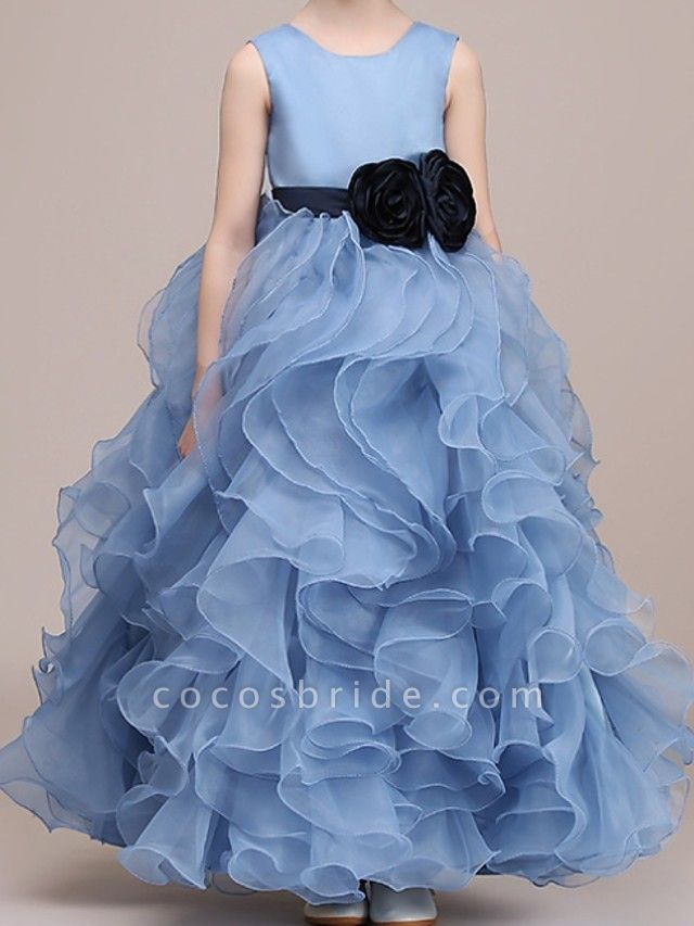 Ball Gown Floor Length Pageant Flower Girl Dresses - Polyester Sleeveless Jewel Neck With Tier / Cascading Ruffles / Tiered