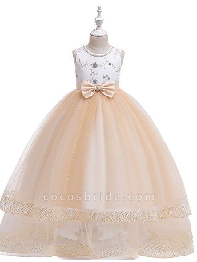 Princess Round Floor Length Cotton Junior Bridesmaid Dress With Bow(S) / Embroidery