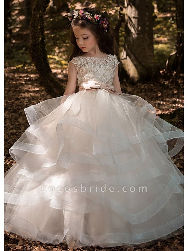 Ball Gown Floor Length Wedding / Party Flower Girl Dresses - Tulle Sleeveless Jewel Neck With Bow(S) / Solid