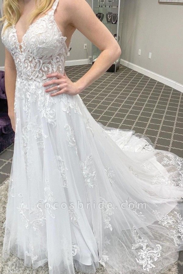 Elegant A-line Spaghetti Straps Deep V-neck Appliques Lace Tulle Train Wedding Dress