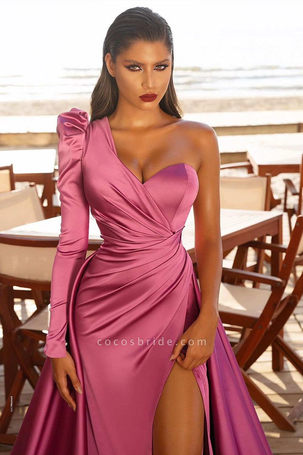 Long One Shoulder Long Sleeves Evening Maxi Gowns with Slit