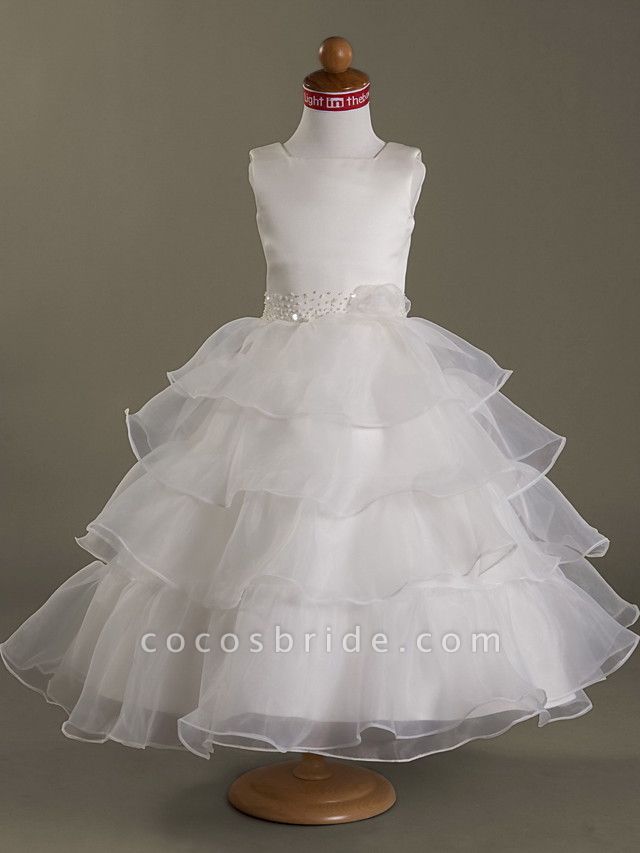 Prinzessin / Ballkleid / A-Linie Tee-Länge Hochzeit / Erstkommunion Blumenmädchenkleider - Organza / Satin Ärmellos Rechteckiger Ausschnitt mit Perlenstickerei / Blume / Frühling / Sommer / Herbst / Winter