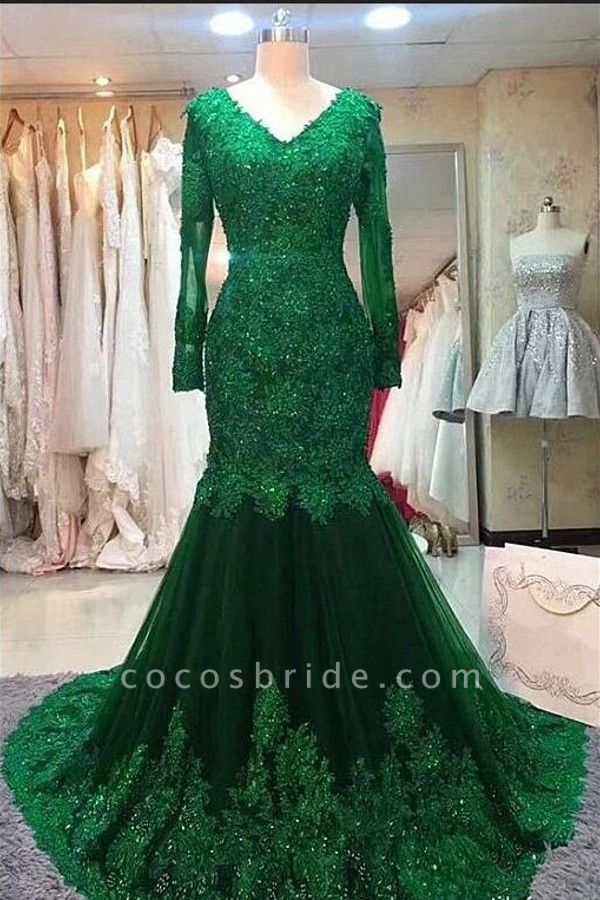 Gorgeous Long Sleeve V-neck Appliques Lace Beading Tulle Mermaid Prom Dress