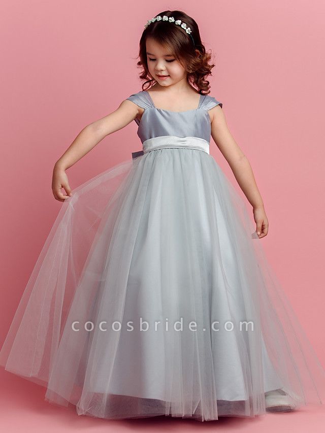 Ball Gown Floor Length Pageant Flower Girl Dresses - Taffeta / Tulle Short Sleeve Square Neck With Sash / Ribbon / Bow(S) / Spring / Summer / Fall