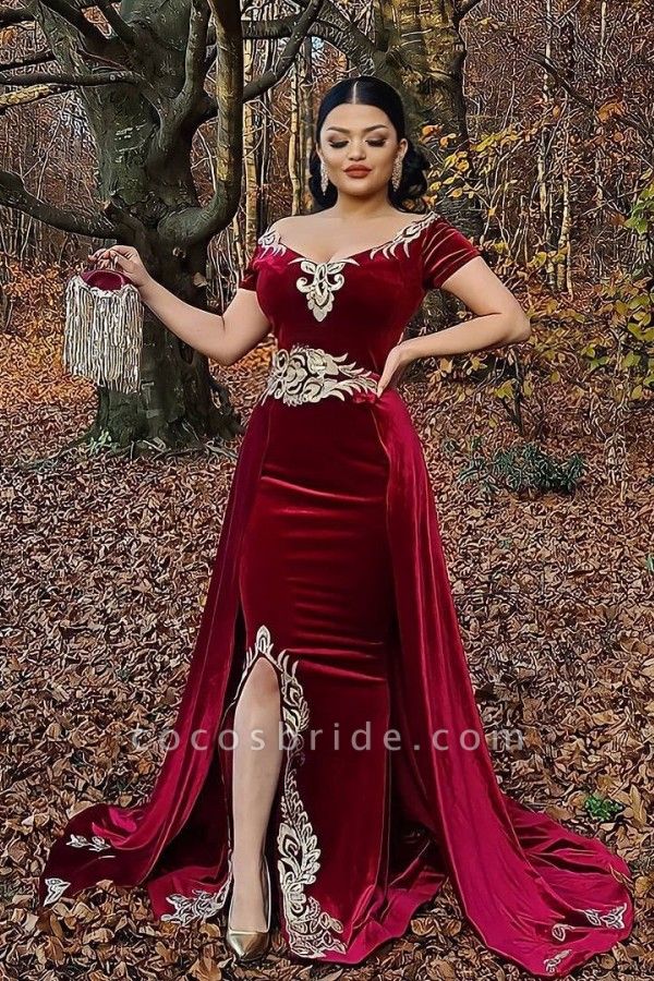 Long Mermaid Off-the-shoulder Velvet Side Slit Prom Dress with Gold Appliques Detachable Train