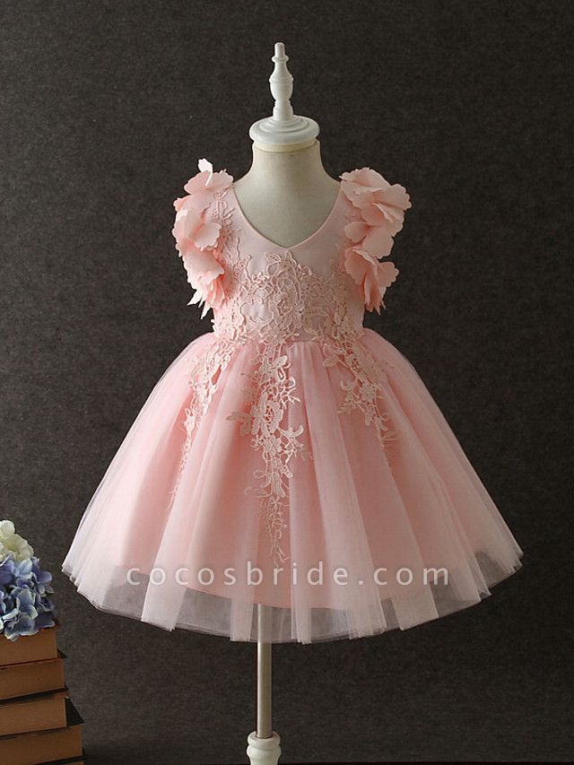 Princess / A-Line Short Length / Medium Length Pageant Flower Girl Dresses - Organza / Tulle / Cotton Long Sleeve / Sleeveless V Neck With Solid / Tiered