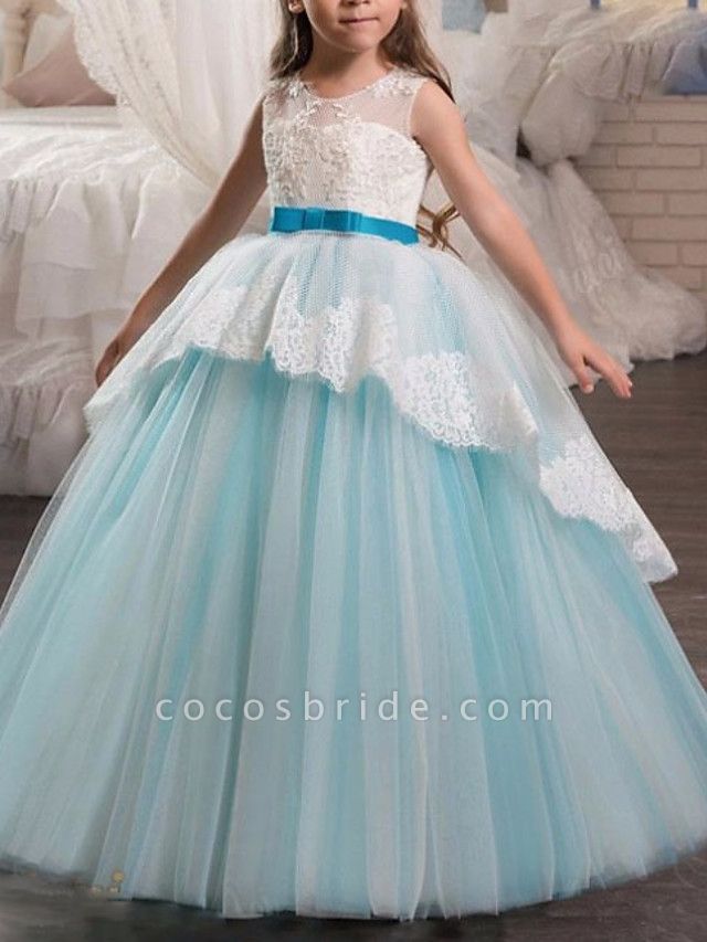 A-Line Floor Length Pageant Flower Girl Dresses - Tulle Sleeveless Jewel Neck With Lace / Bow(S)