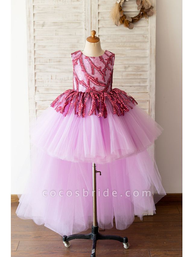 Ball Gown Asymmetrical Wedding / Birthday Flower Girl Dresses - Tulle Sleeveless Jewel Neck With Paillette