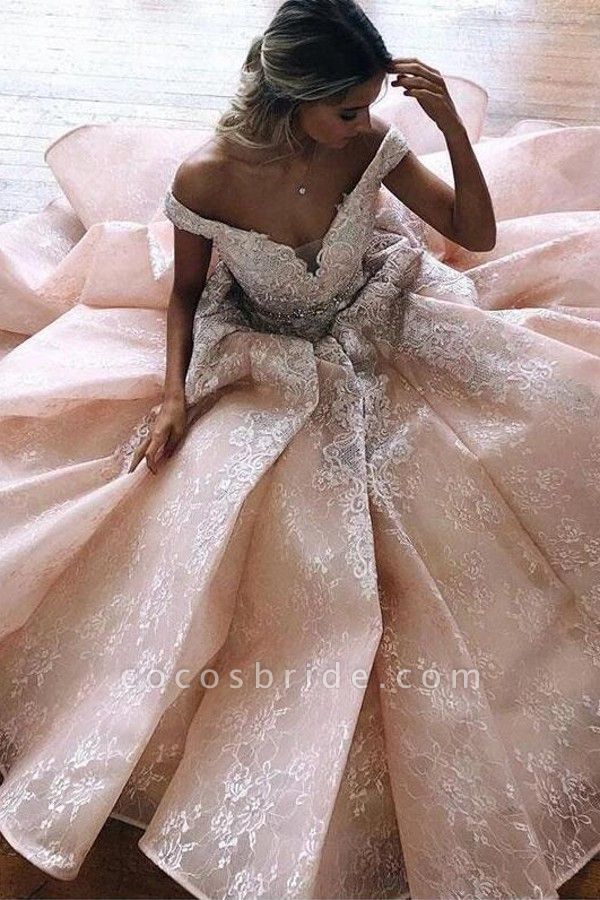 Classy Sweetheart Off-the-Shoulder A-Line Ruffles Church Wedding Dress With Appliques Lace