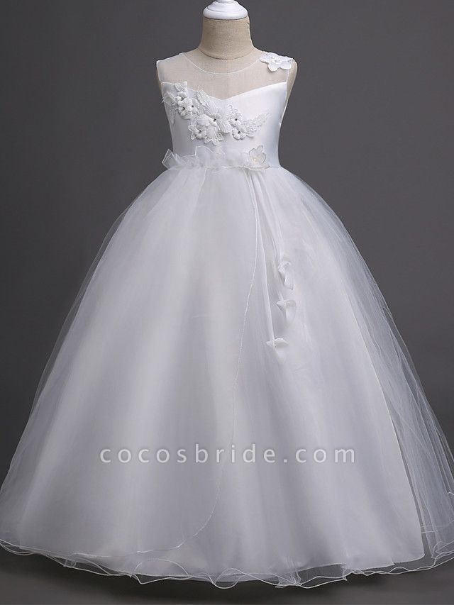 Princess Long Length Wedding / First Communion Satin / Tulle Sleeveless Jewel Neck With Belt / Appliques