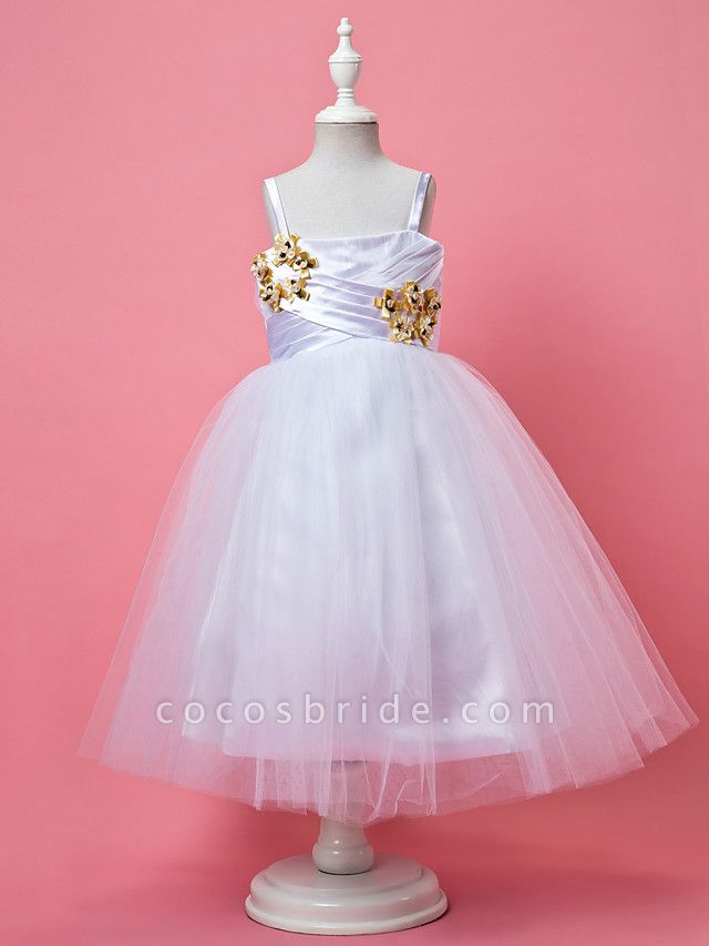 A-Line Tea Length Tulle / Stretch Satin Sleeveless Spaghetti Strap With Criss Cross / Ruched / Flower