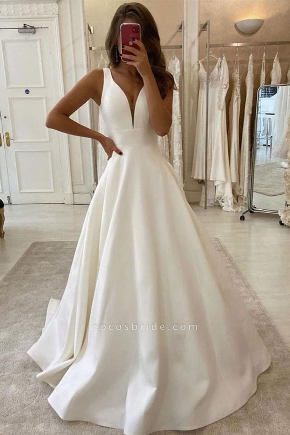 Elegant Wide Straps V-neck Ruffles Floor-length A-Line Satin Wedding Dress