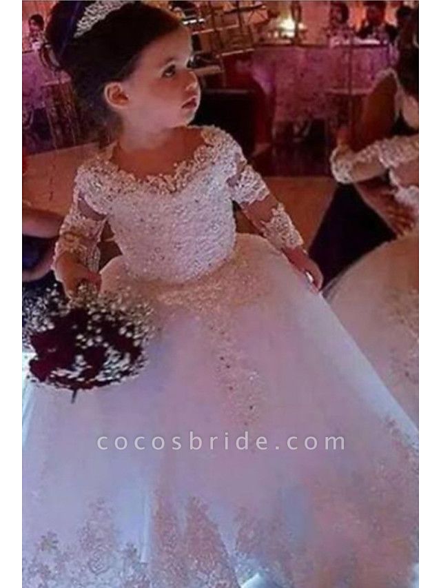 Ball Gown Floor Length Wedding Flower Girl Dresses - Lace Long Sleeve Jewel Neck With Appliques / Solid